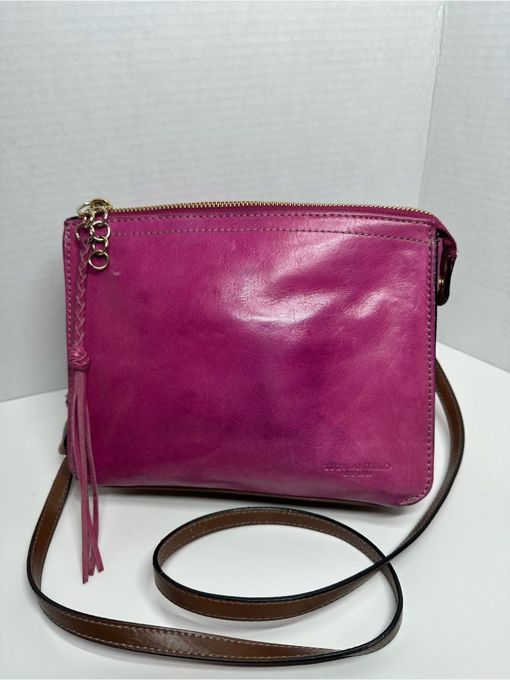 Tignanello Fuchsia Leather Crossbody with Brown Strap and Tassel